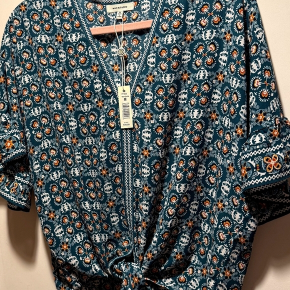 Max Studio Tops - MAX STUDIO Blue and White Tie Front Blouse